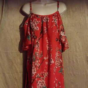 "Teamoluna" Red Cherry Blossom Cold-Shoulder Dress
